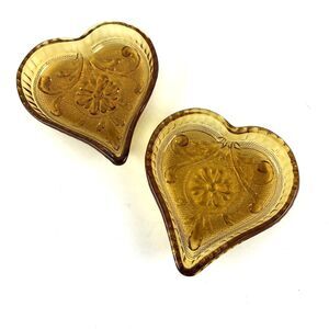 2 Collectible Trinket Glass Dishes Hearts Lacy Victorian Floral Amber Vintage